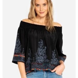 Johnny Was Workshop Black Silk bohemian Shoulder Embroidered Boho Blouse XL